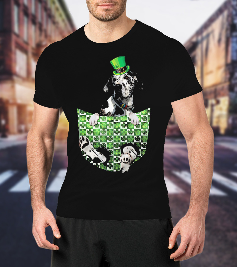 Great Dane In Pocket With Green Shamrock Patrick Hat T-Shirt