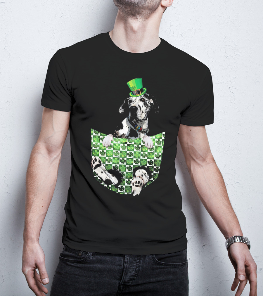 Great Dane In Pocket With Green Shamrock Patrick Hat T-Shirt