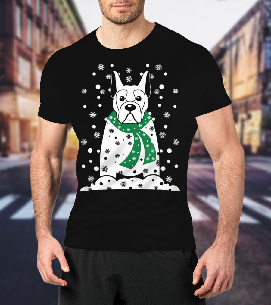 Great Dane Snowman With Green Scarf And Falling Snowflakes T-Shirt
