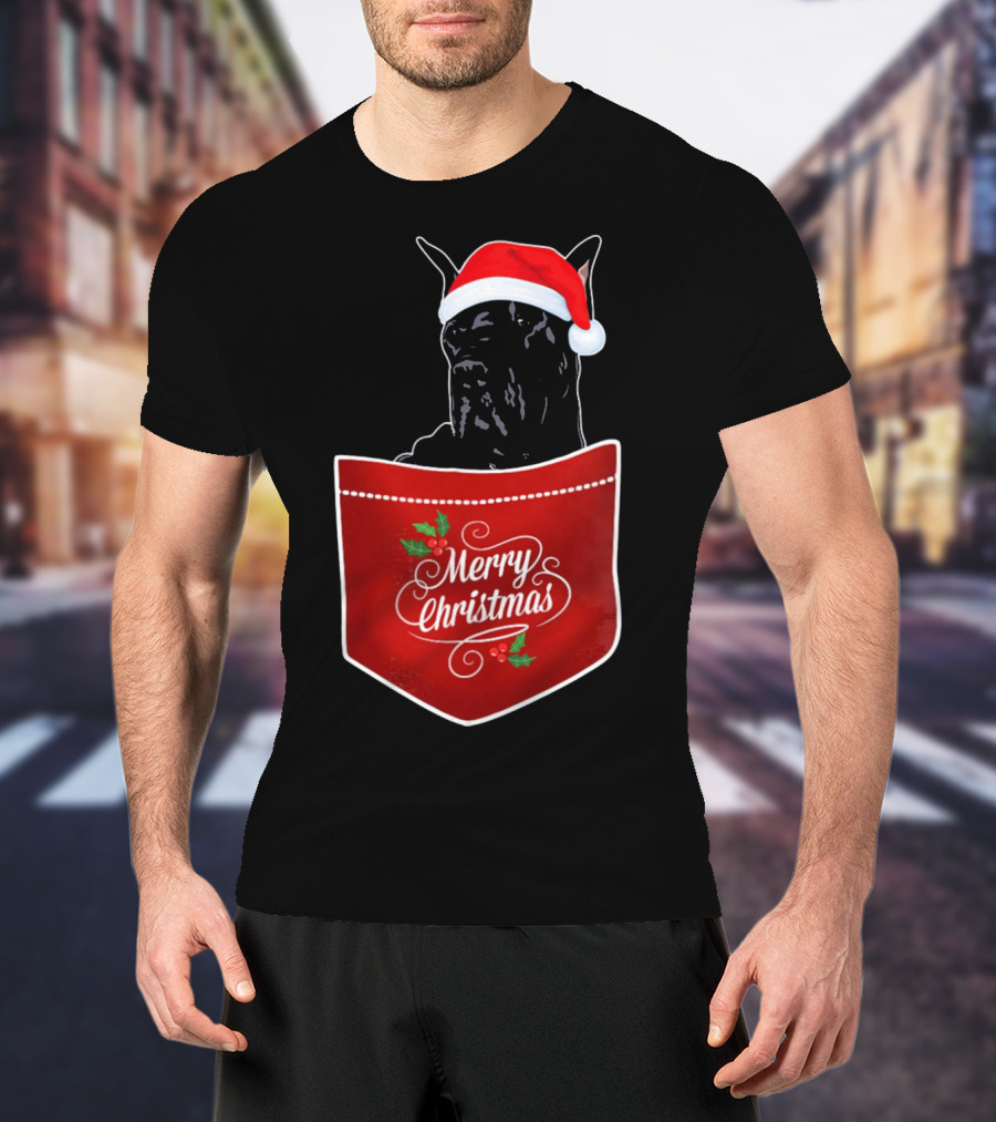 Great Dane In Santa Hat With Merry Christmas Pocket T-Shirt