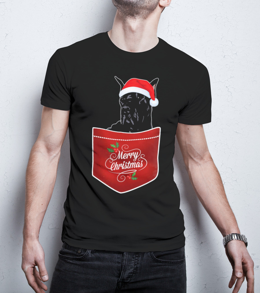 Great Dane In Santa Hat With Merry Christmas Pocket T-Shirt