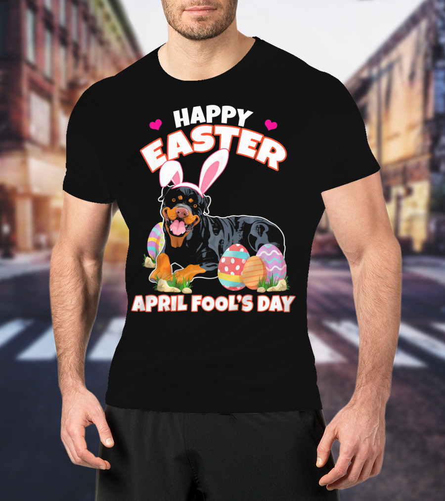 Happy Easter April Fool's Day Funny Rottweiler With Bunny Ears And Colorful Eggs T-Shirt