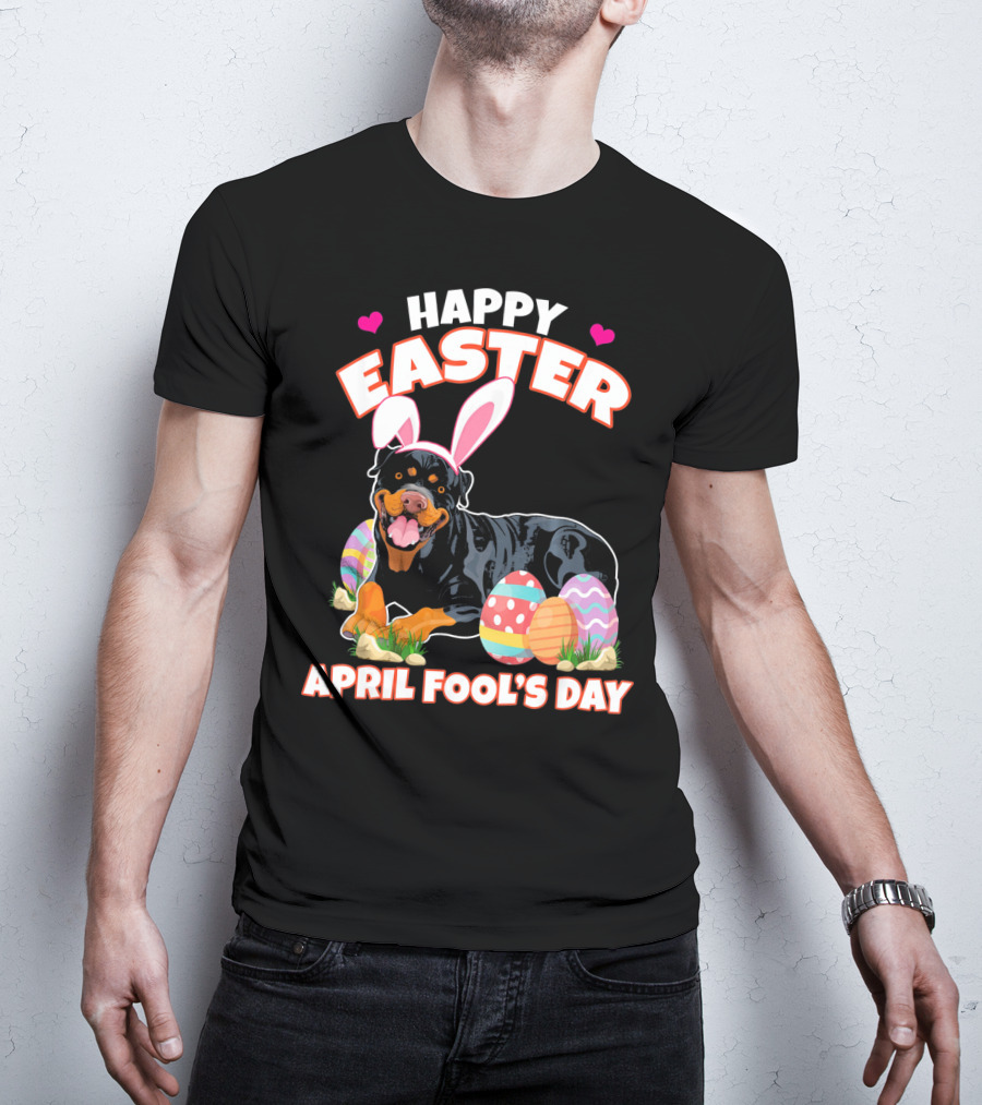 Happy Easter April Fool's Day Funny Rottweiler With Bunny Ears And Colorful Eggs T-Shirt