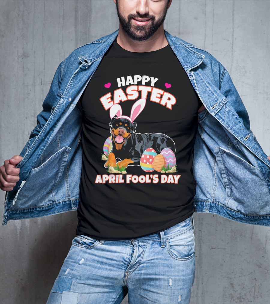 Happy Easter April Fool's Day Funny Rottweiler With Bunny Ears And Colorful Eggs T-Shirt