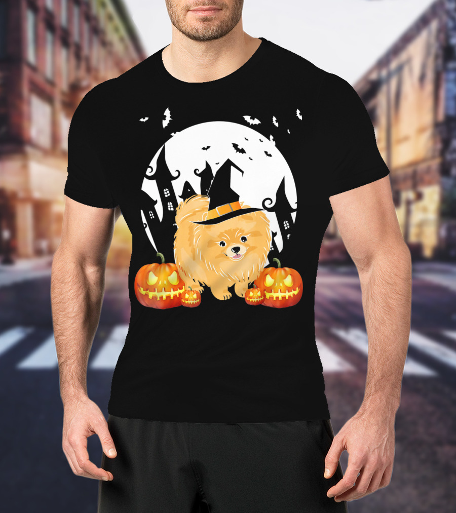 Happy Halloween Little Witch Pomeranian Dog With Pumpkins And Haunted House T-Shirt