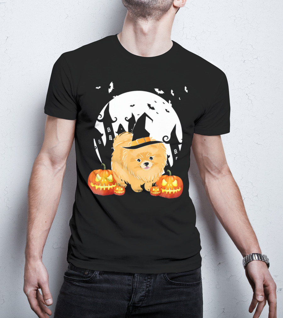 Happy Halloween Little Witch Pomeranian Dog With Pumpkins And Haunted House T-Shirt