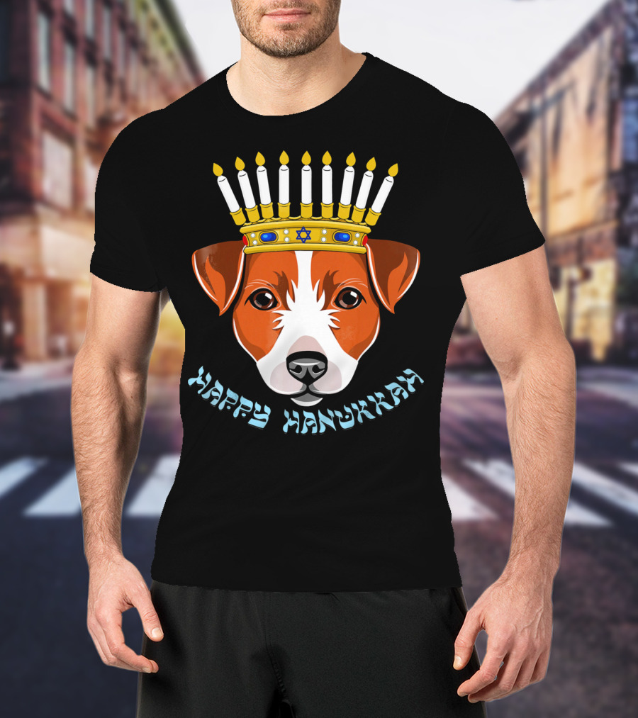 Happy Hanukkah Jack Russell Menorah Hat Candle T-Shirt