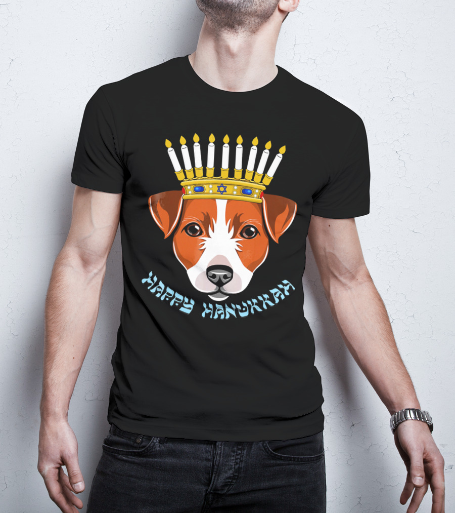 Happy Hanukkah Jack Russell Menorah Hat Candle T-Shirt