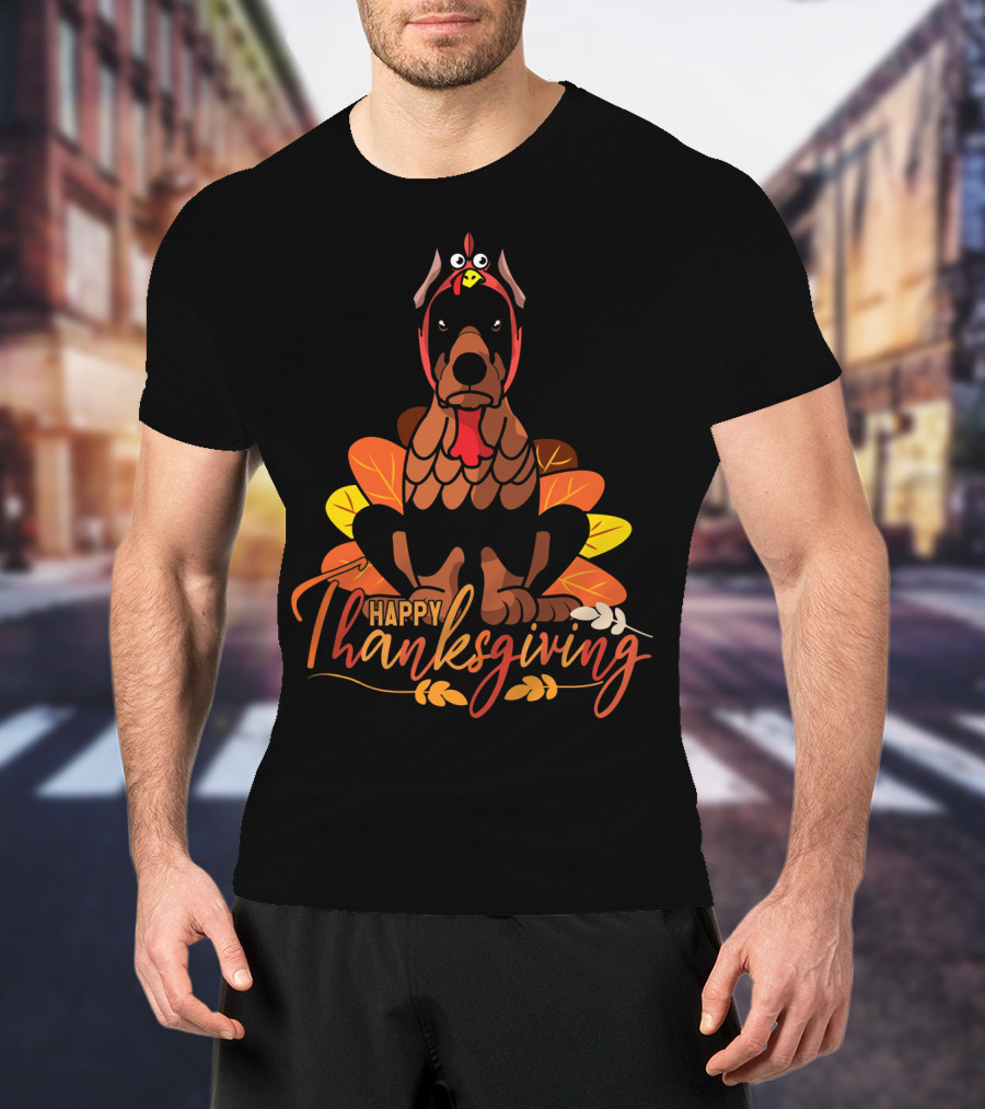 Happy Thanksgiving Doberman Pinscher Turkey Autumn Leaves T-Shirt