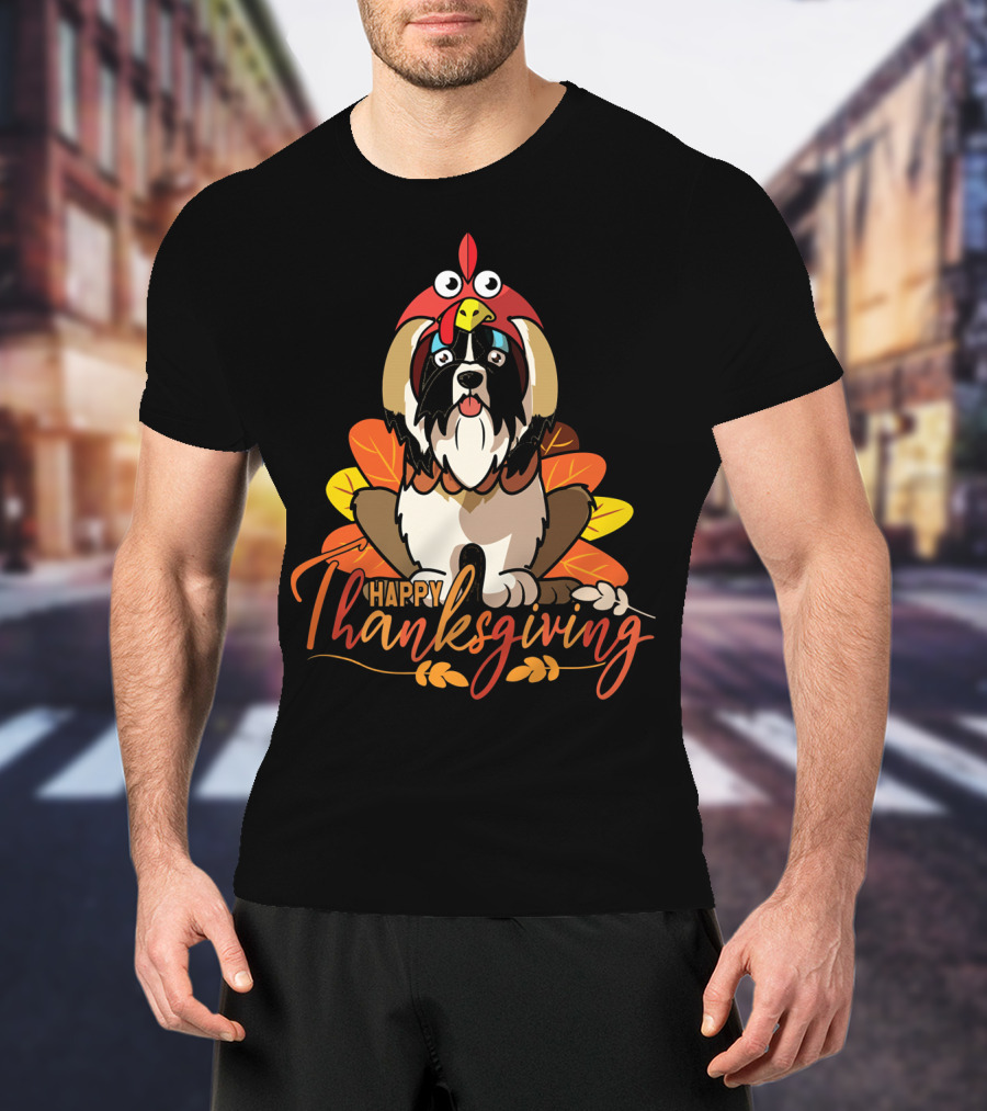 Happy Thanksgiving Shih Tzu In Turkey Costume With Leaves T-Shirt