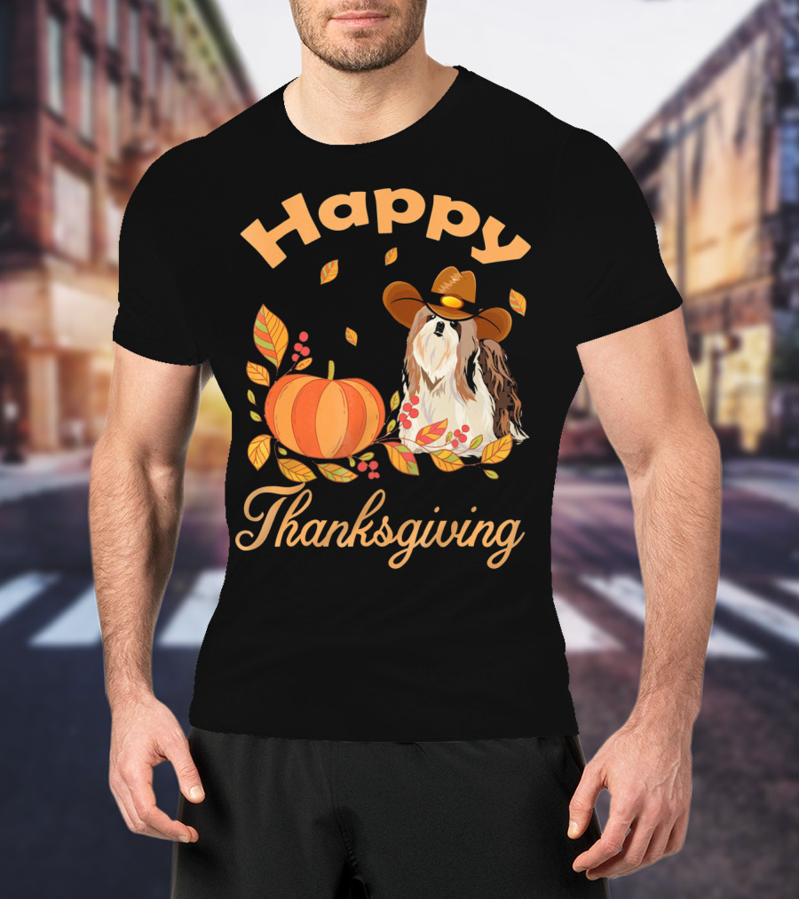 Happy Thanksgiving Shih Tzu Cowboy Pumpkin Leaves T-Shirt