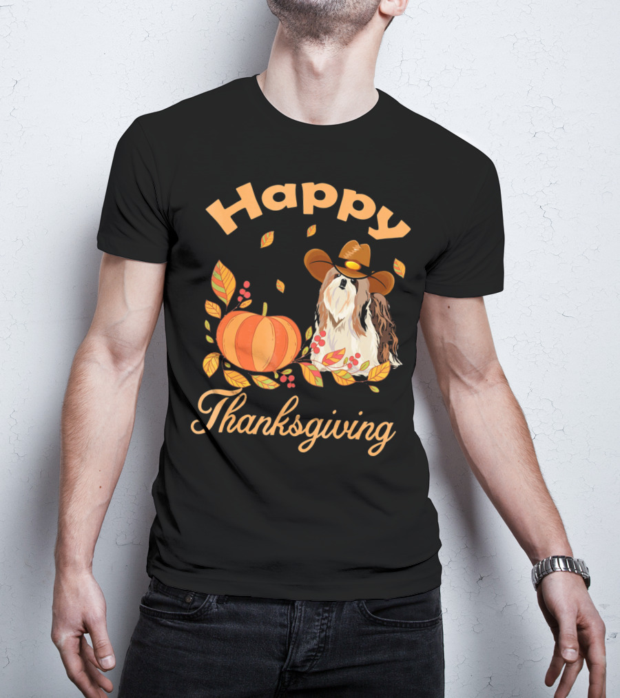 Happy Thanksgiving Shih Tzu Cowboy Pumpkin Leaves T-Shirt