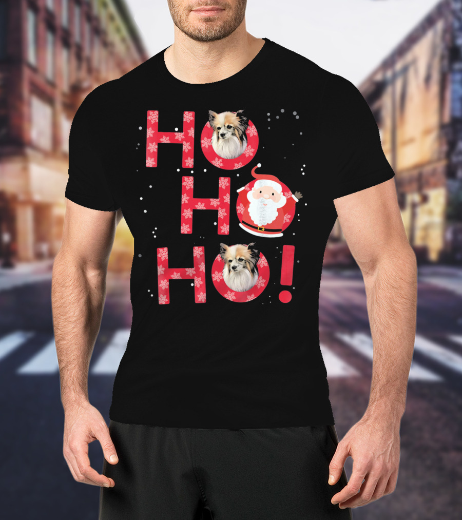 Ho Ho Ho Papillon Dog Santa's Laugh With Snowflakes T-Shirt
