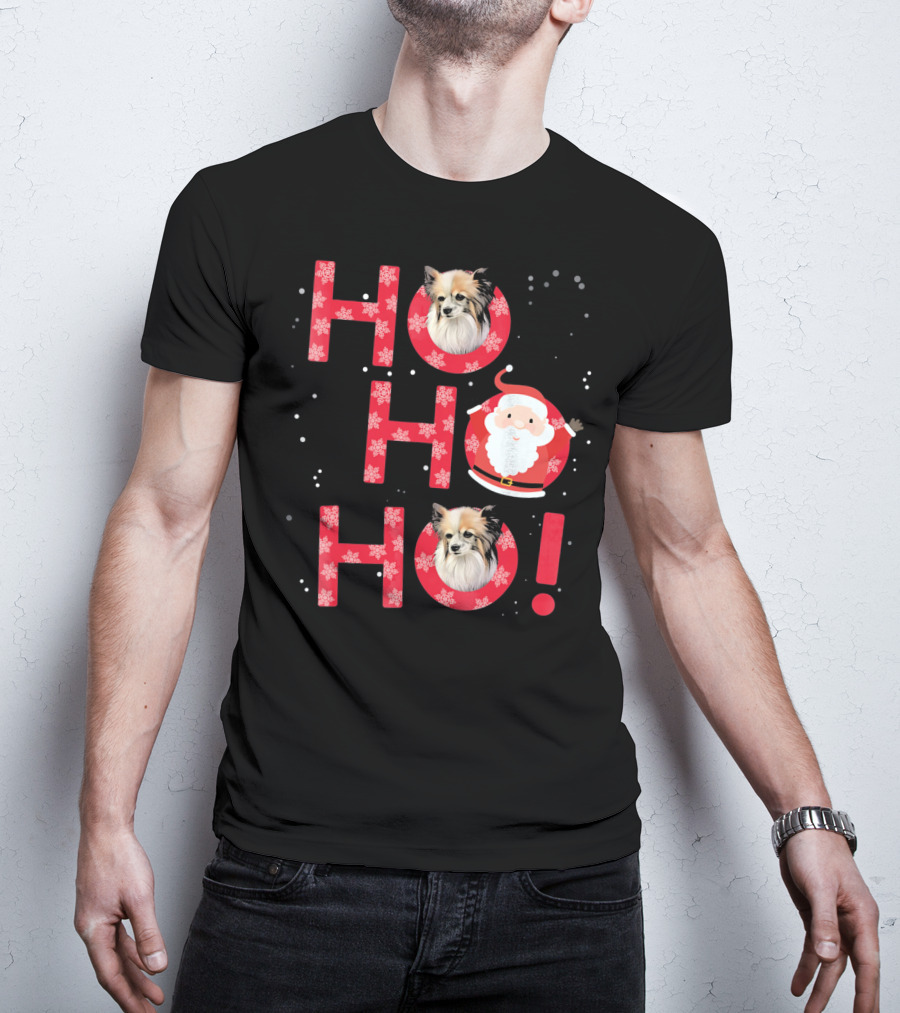 Ho Ho Ho Papillon Dog Santa's Laugh With Snowflakes T-Shirt