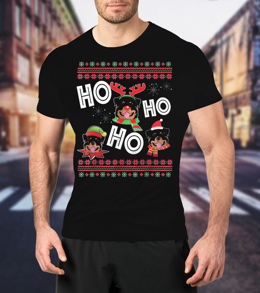 HO HO HO Rottweiler Christmas Reindeer Funny Dog T-Shirt
