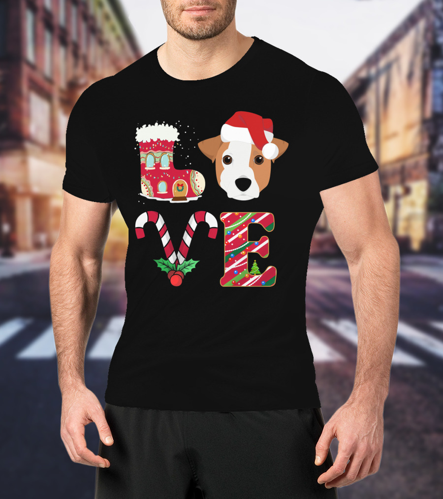 I Love My Jack Russell Terrier Christmas Holiday Santa Hat Candy Cane Gingerbread Boot T-Shirt