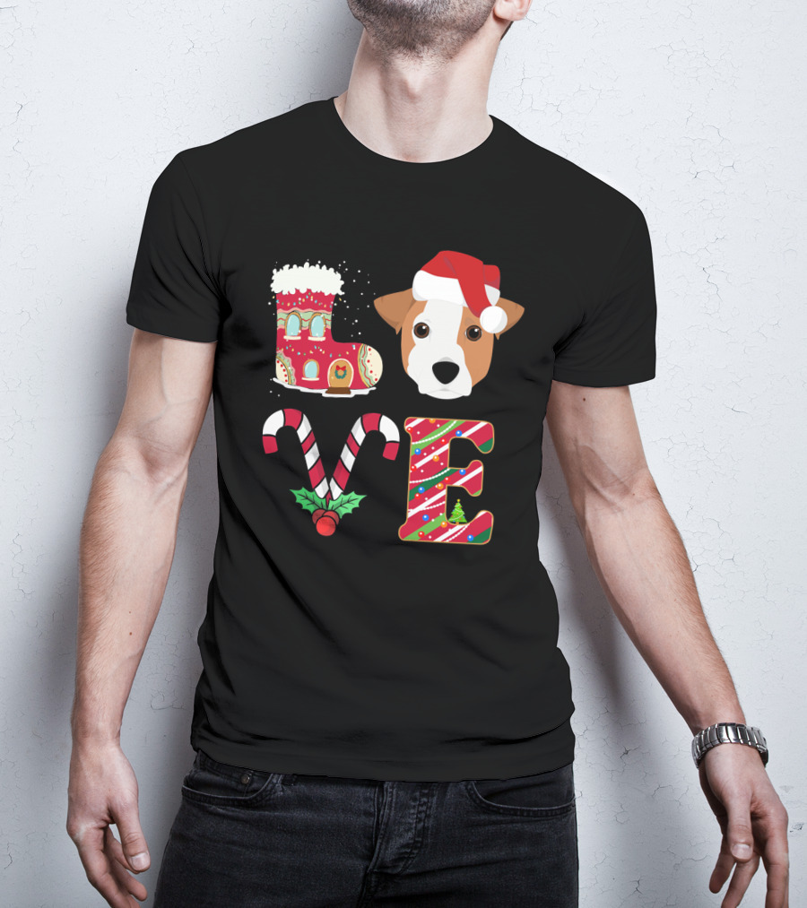 I Love My Jack Russell Terrier Christmas Holiday Santa Hat Candy Cane Gingerbread Boot T-Shirt
