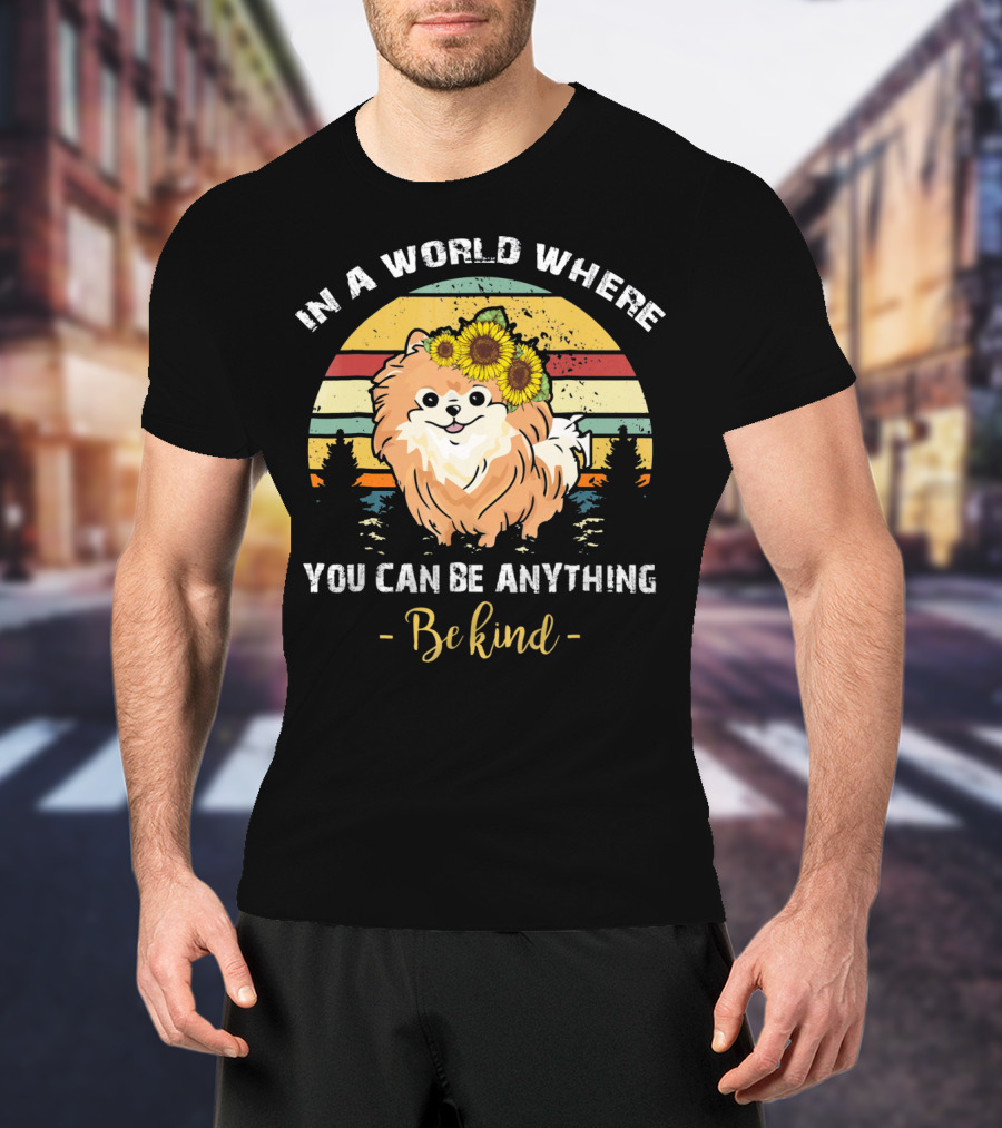 In A World Where You Can Be Anything Be Kind Pomeranian Vintage Retro Sunflowers T-Shirt