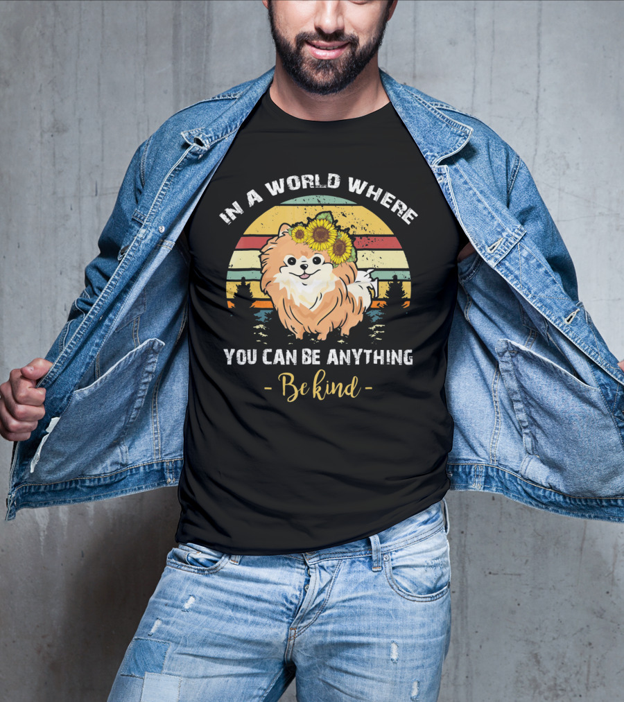 In A World Where You Can Be Anything Be Kind Pomeranian Vintage Retro Sunflowers T-Shirt