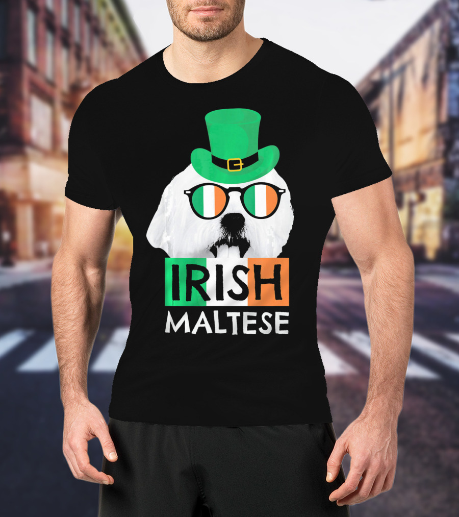Irish Maltese St Patricks Day Dog Wearing Shamrock Hat And Glasses T-Shirt