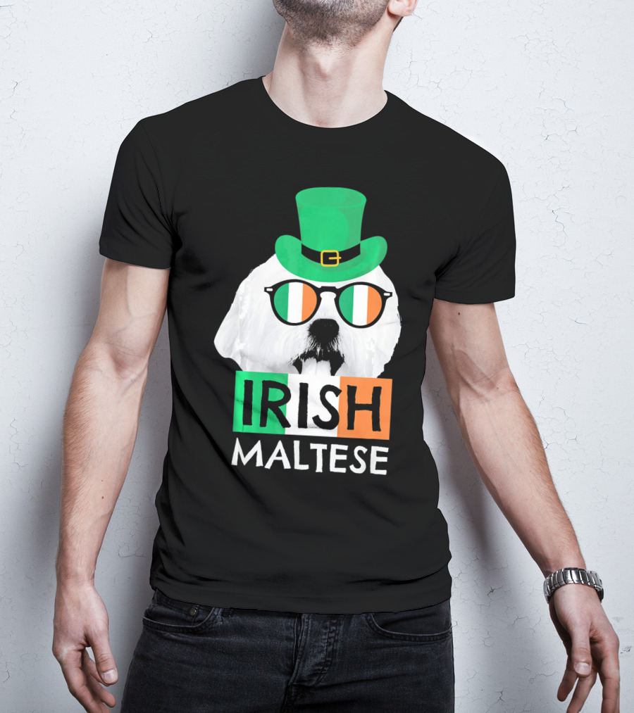 Irish Maltese St Patricks Day Dog Wearing Shamrock Hat And Glasses T-Shirt