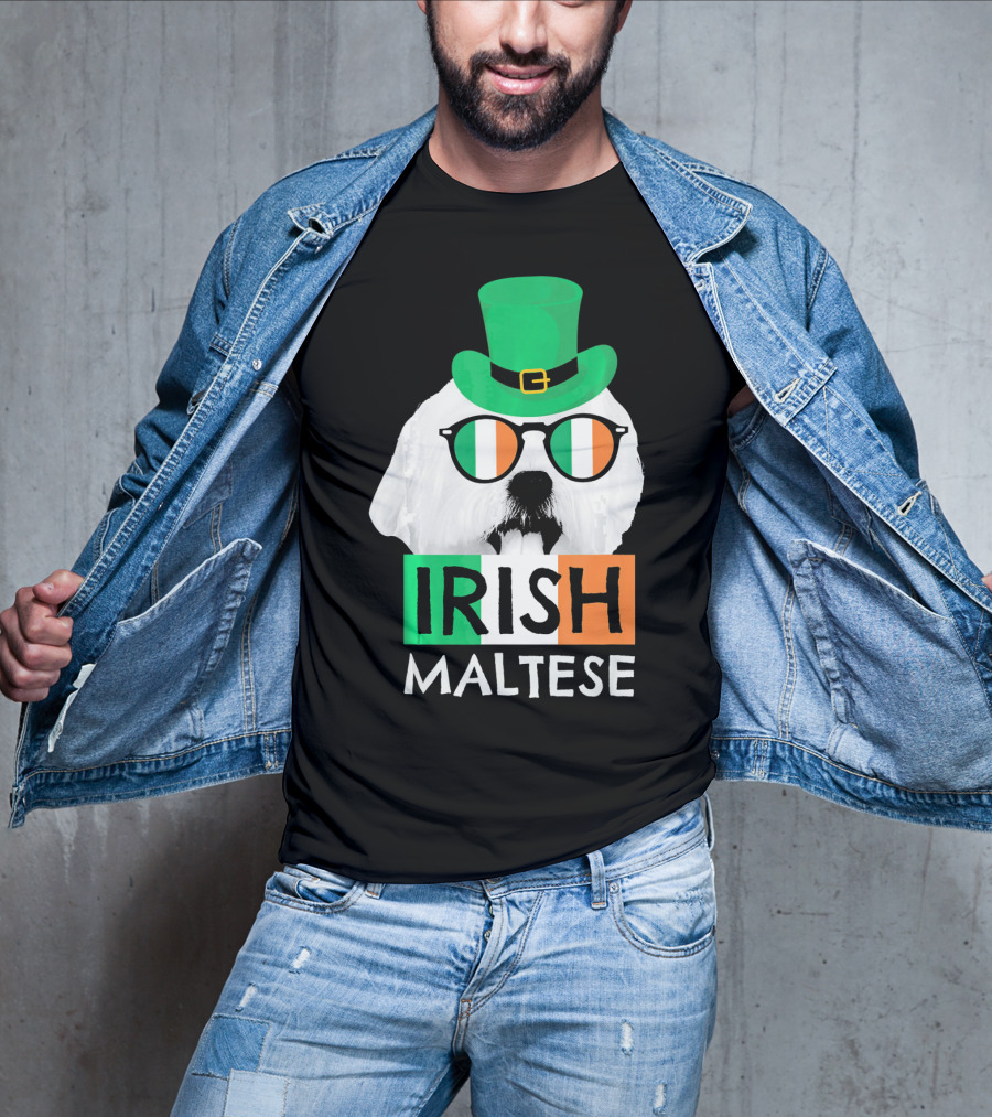 Irish Maltese St Patricks Day Dog Wearing Shamrock Hat And Glasses T-Shirt
