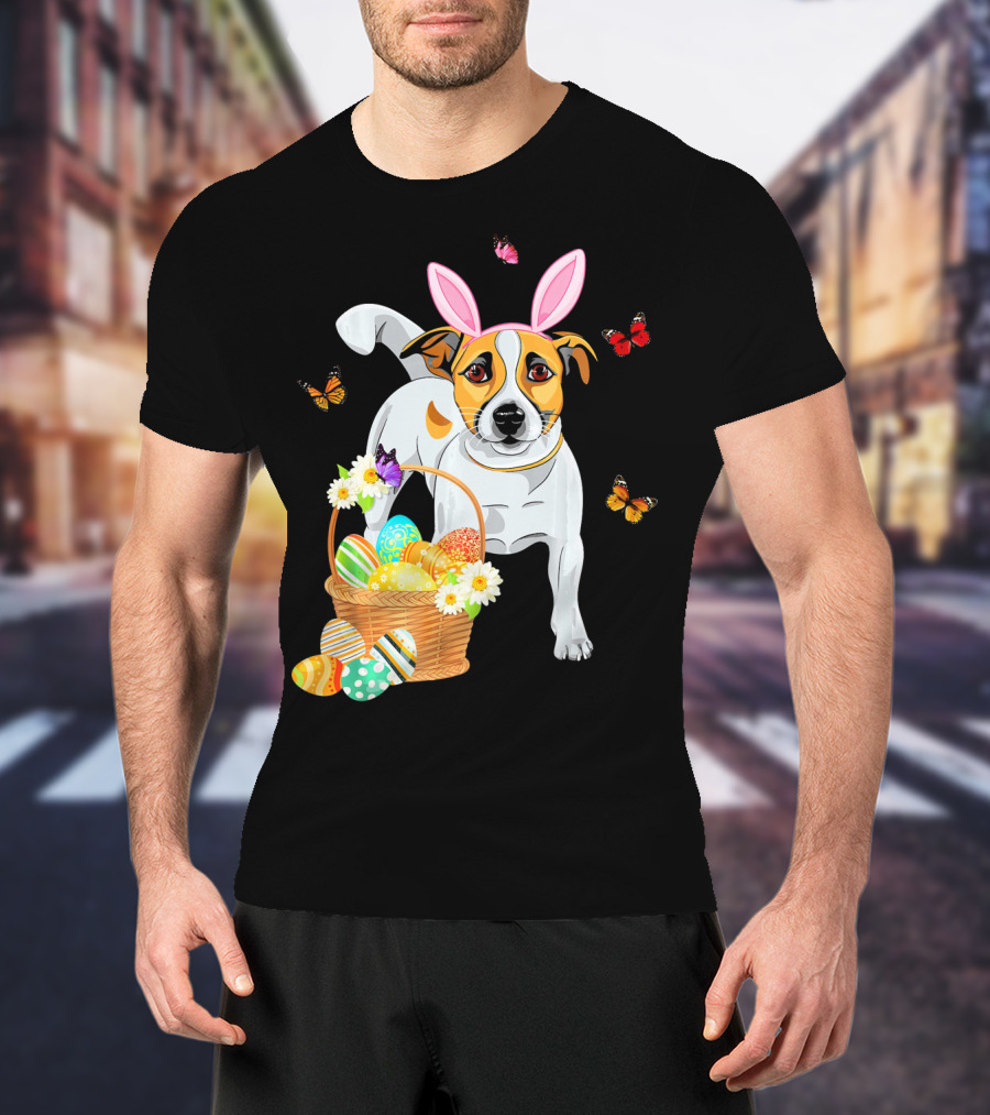 Jack Russell Bunny Hat Easter Eggs Basket Butterflies T-Shirt