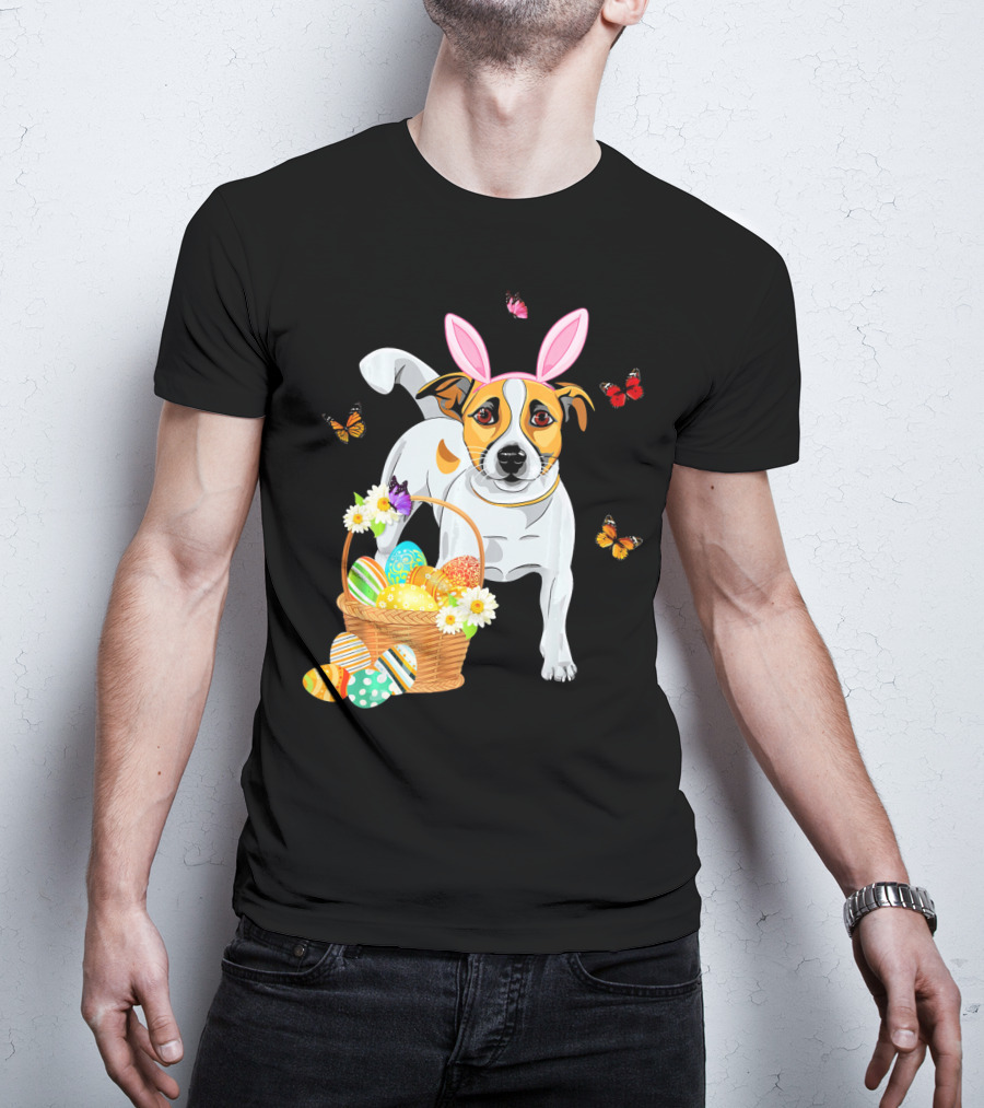 Jack Russell Bunny Hat Easter Eggs Basket Butterflies T-Shirt