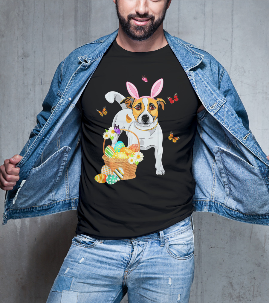 Jack Russell Bunny Hat Easter Eggs Basket Butterflies T-Shirt