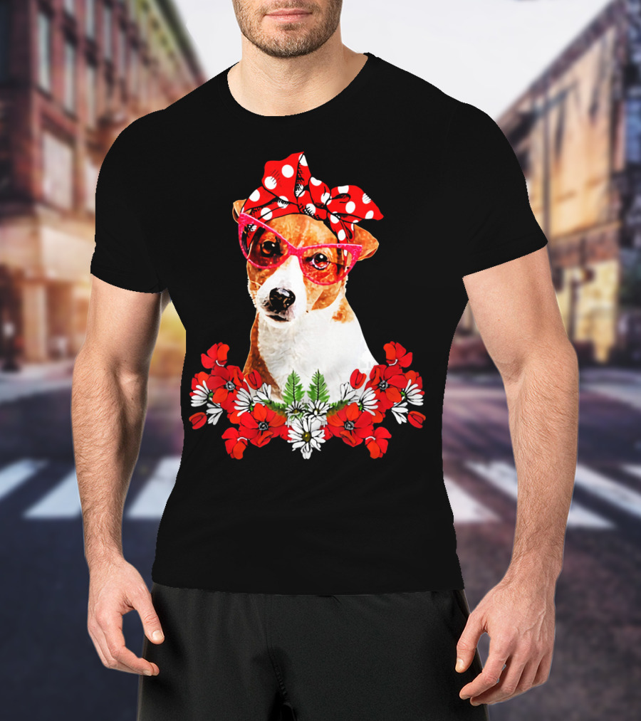 Jack Russell Dog Moms Red Polka Dot Bandana Glasses Mixed Flower Mothers T-Shirt