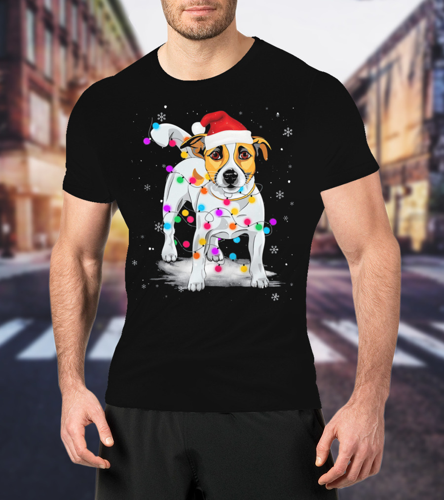 Jack Russell Terrier Santa Hat Wrapped In Christmas Lights Snowflakes T-Shirt