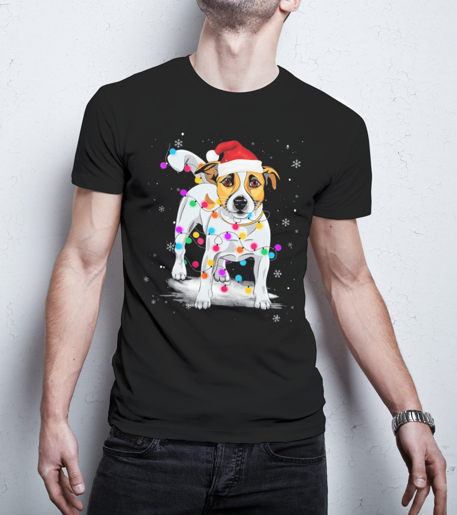 Jack Russell Terrier Santa Hat Wrapped In Christmas Lights Snowflakes T-Shirt