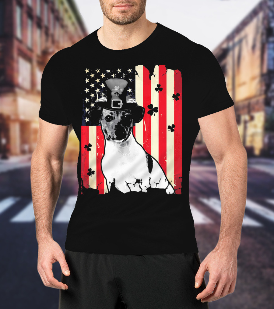 Jack Russell Terrier American Flag St Patricks Day With Shamrocks T-Shirt