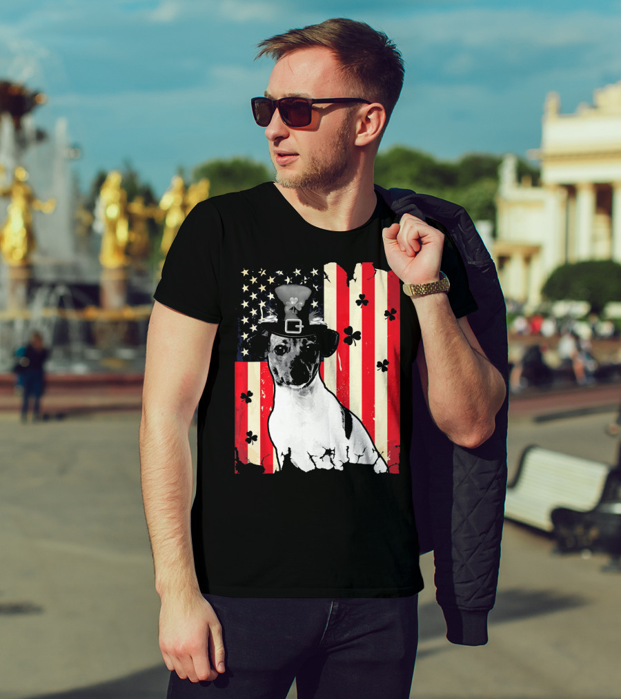 Jack Russell Terrier American Flag St Patricks Day With Shamrocks T-Shirt