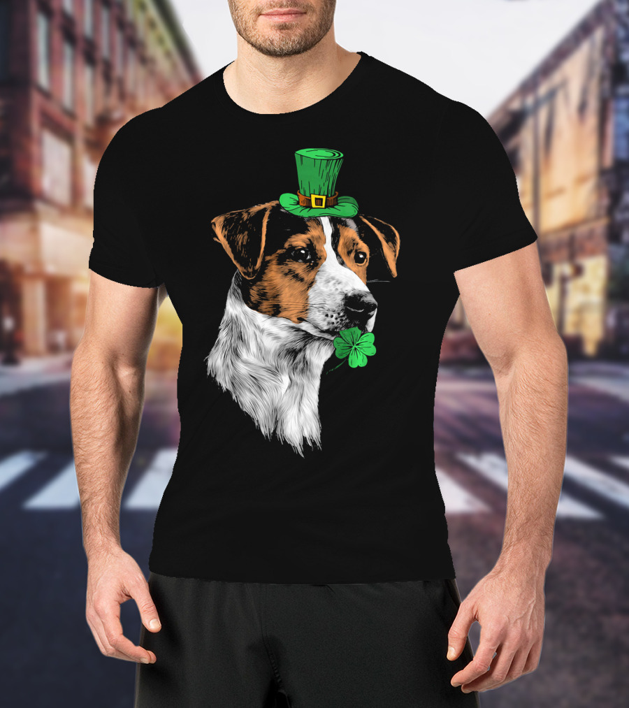 Jack Russell Terrier With Leprechaun Hat And Shamrock St Patrick's Day T-Shirt