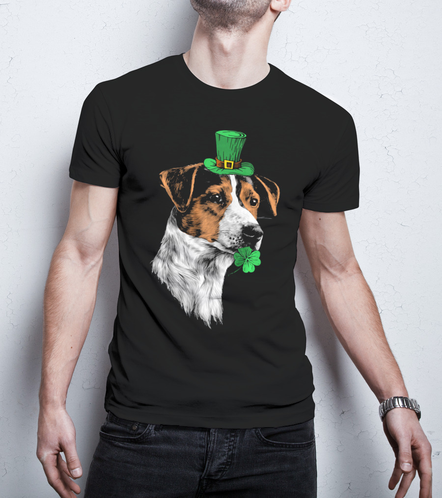 Jack Russell Terrier With Leprechaun Hat And Shamrock St Patrick's Day T-Shirt