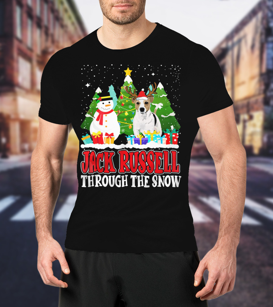 Jack Russell Through The Snow Christmas Reindeer Hat Snowman Trees Gifts T-Shirt