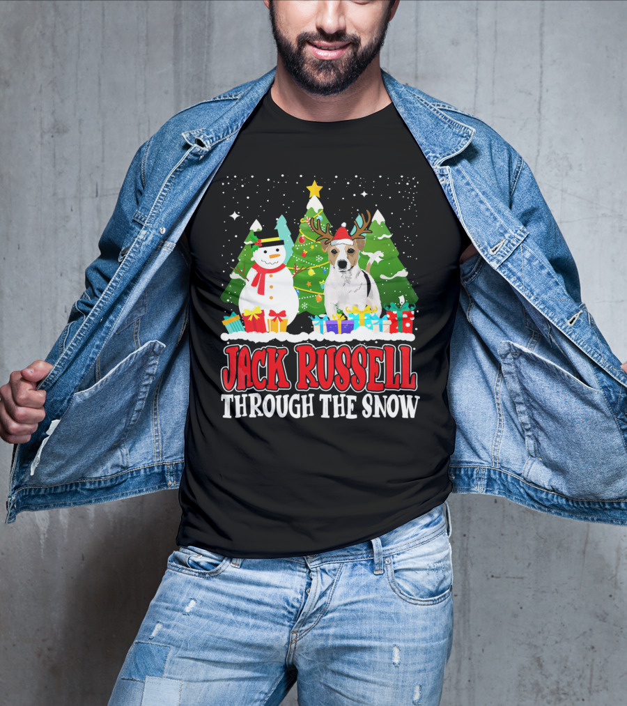 Jack Russell Through The Snow Christmas Reindeer Hat Snowman Trees Gifts T-Shirt