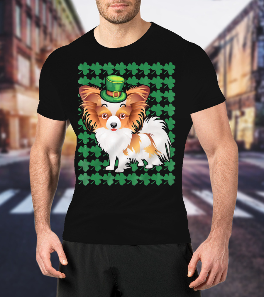 Papillon Dog In Leprechaun Hat Surrounded By Clover T-Shirt