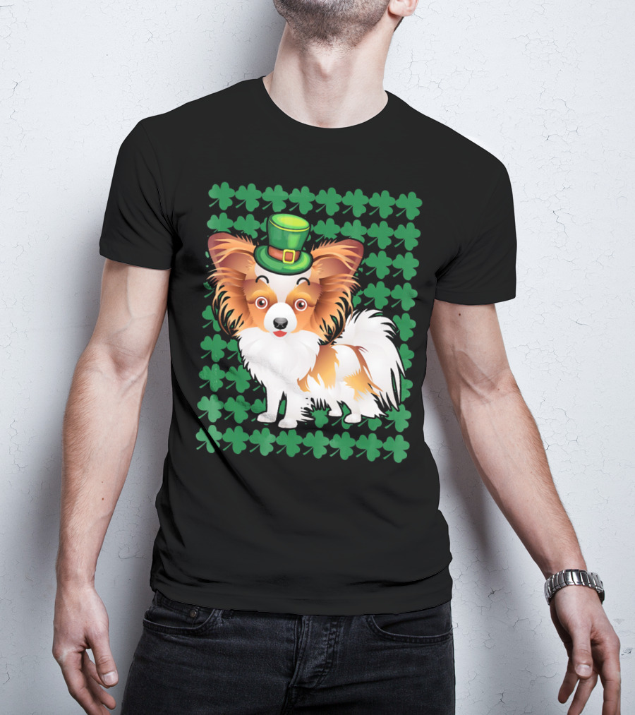 Papillon Dog In Leprechaun Hat Surrounded By Clover T-Shirt