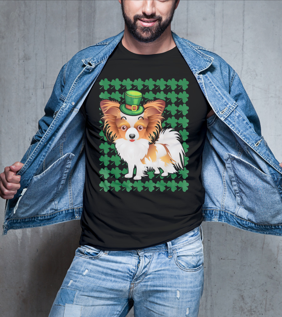 Papillon Dog In Leprechaun Hat Surrounded By Clover T-Shirt