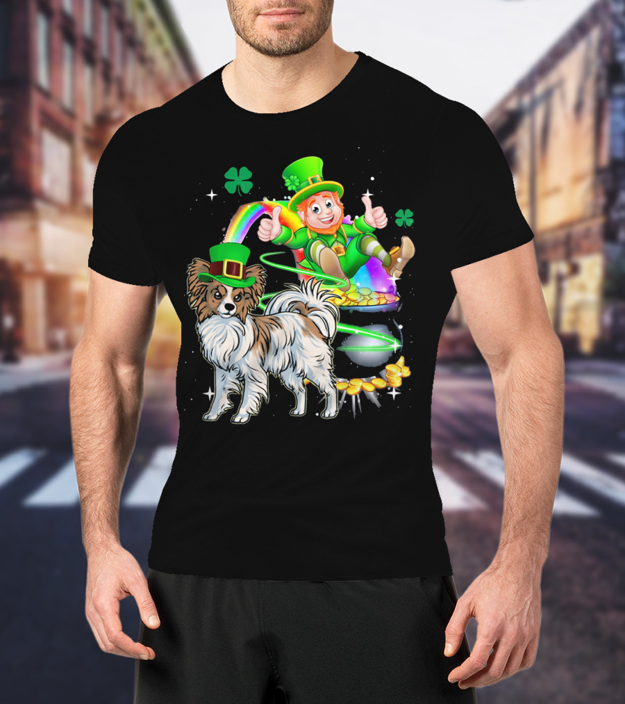 Leprechaun Papillon Clover Rainbow Gold Coins And Pot T-Shirt