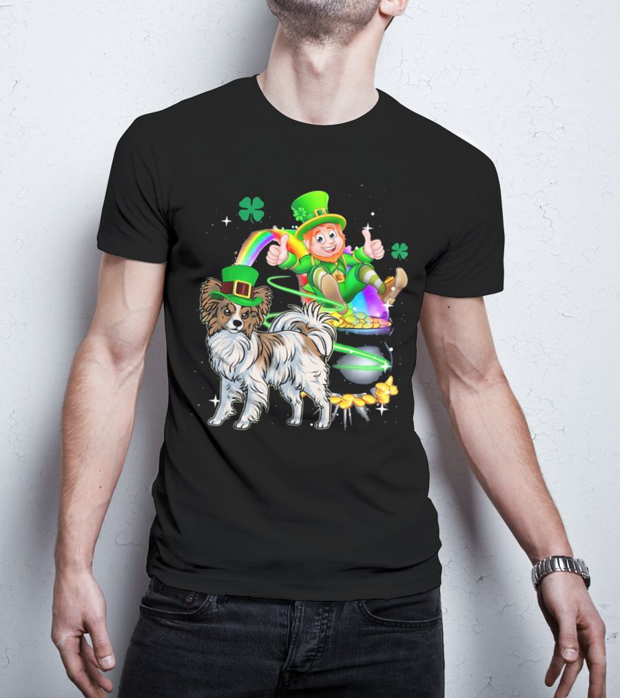 Leprechaun Papillon Clover Rainbow Gold Coins And Pot T-Shirt