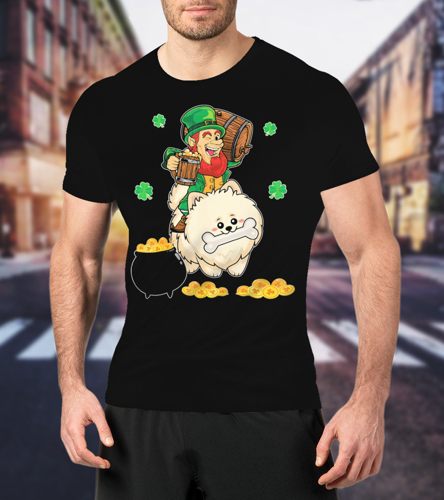 Leprechaun Rides Pomeranian With Beer And Gold Shamrocks T-Shirt