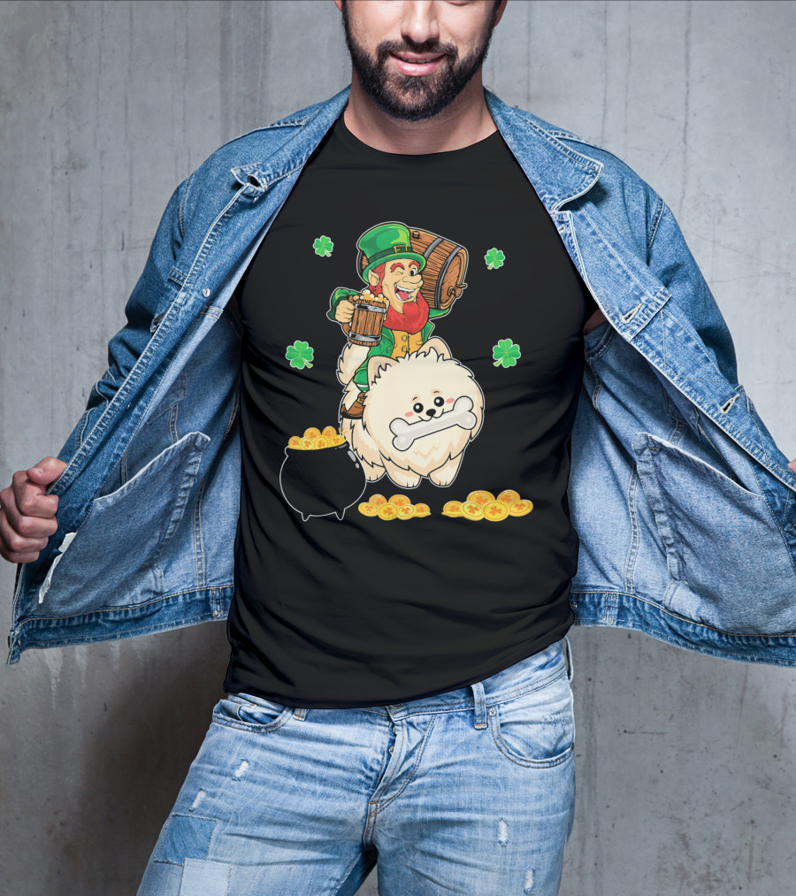 Leprechaun Rides Pomeranian With Beer And Gold Shamrocks T-Shirt