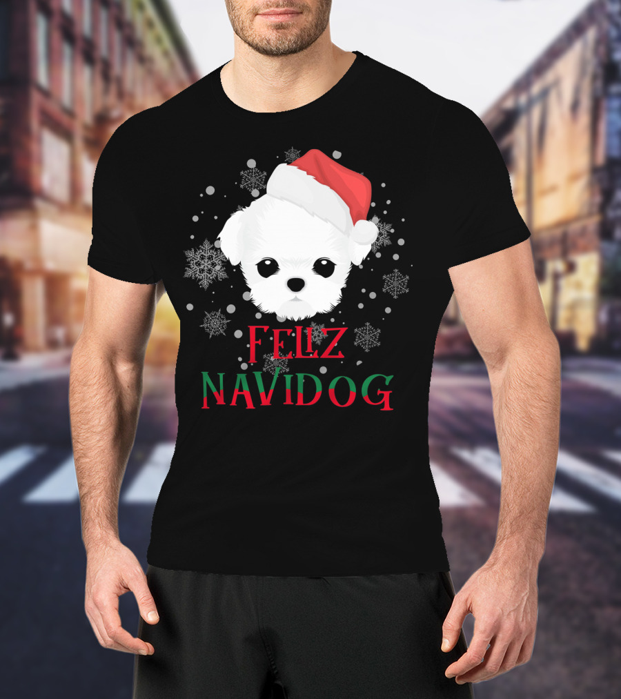 Feliz Navidog Maltese Dog Christmas Santa Hat Snowflakes T-Shirt