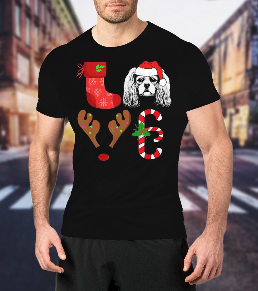 Love Cavalier King Charles Spaniel Santa Reindeer Candy Cane Stocking T-Shirt