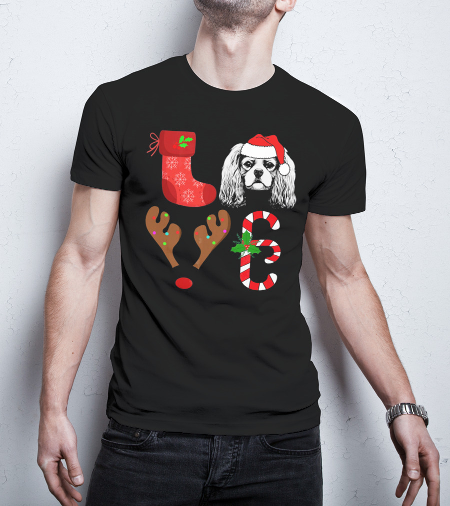 Love Cavalier King Charles Spaniel Santa Reindeer Candy Cane Stocking T-Shirt
