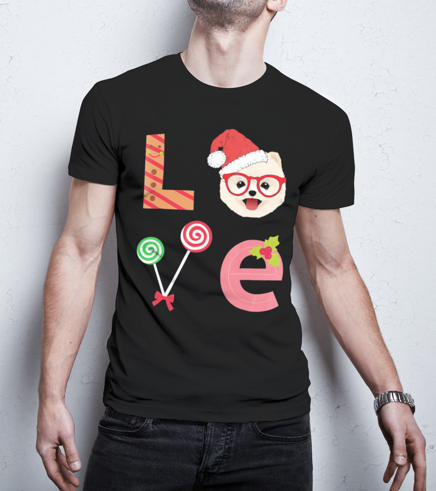 Love Pomeranian Santa Christmas Dog Candy Cane Glasses T-Shirt