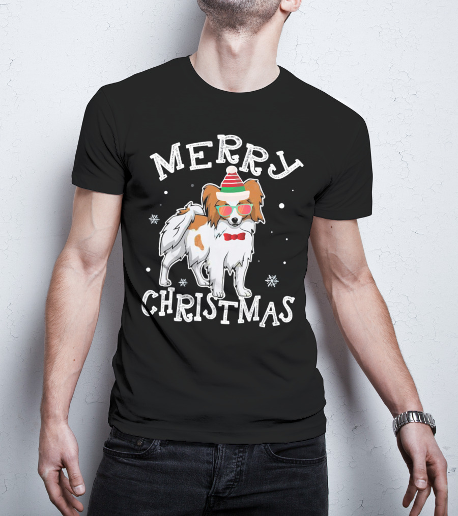 Merry Christmas Papillon Noel Hat Bowtie Snowflakes T-Shirt